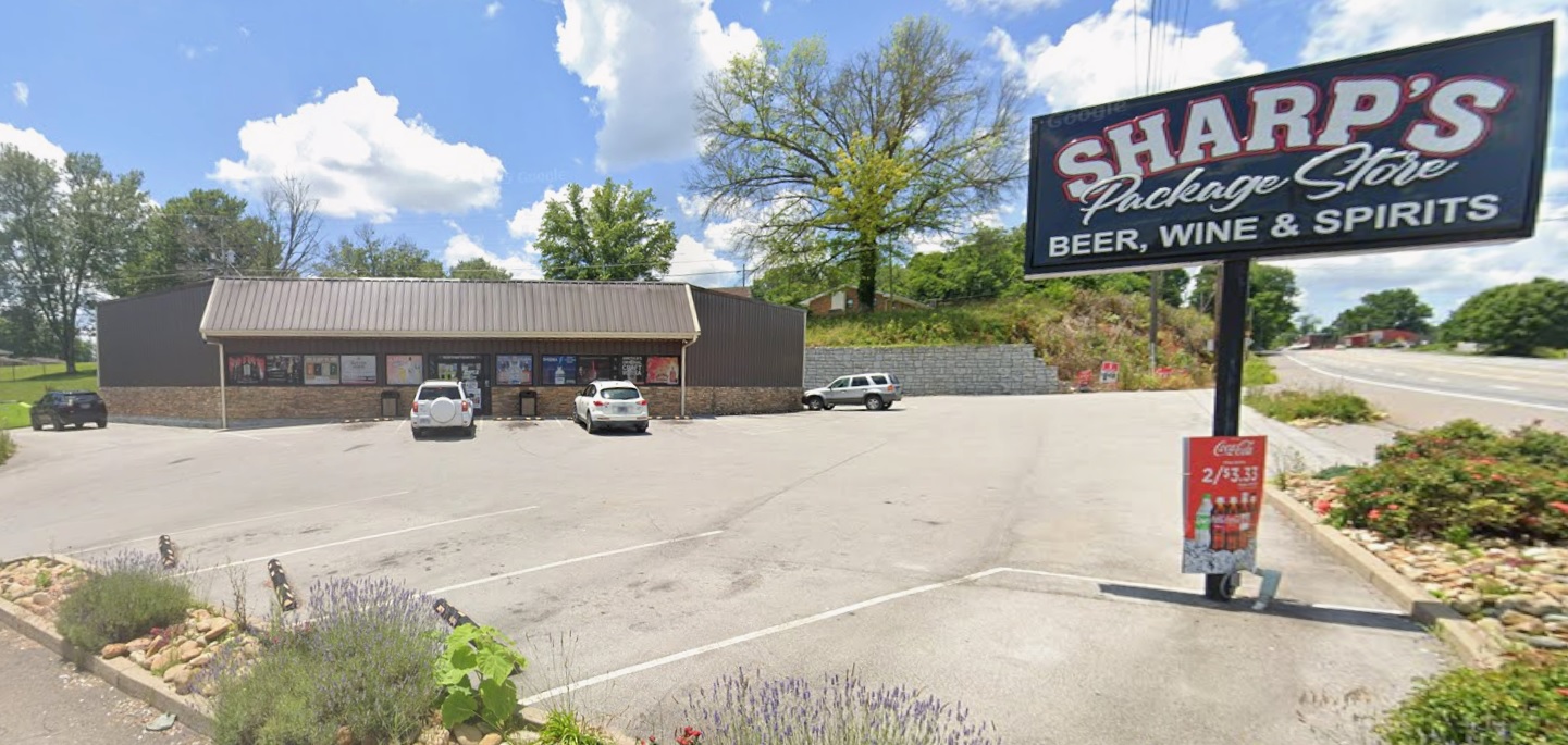 Sharp's Package Store storefront on N. Broad St, New Tazewell, TN